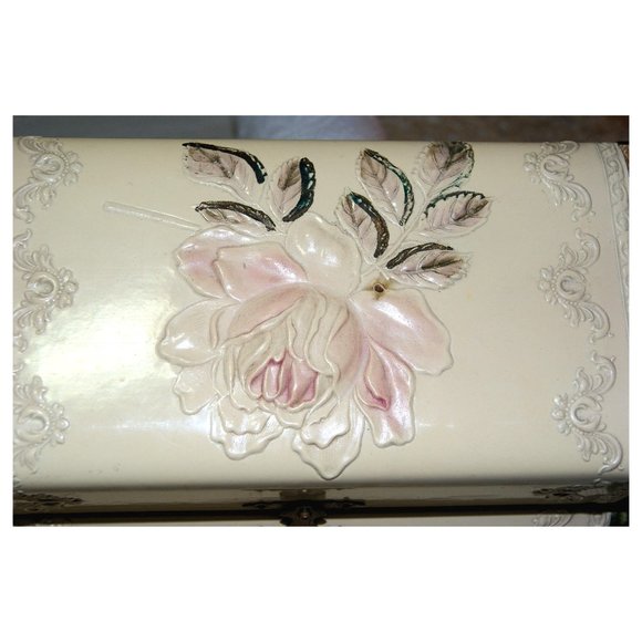 Antique Victorian Velvet & Celluloid Dresser Box Embossed Pink Rose Cottagecore - Picture 4 of 9